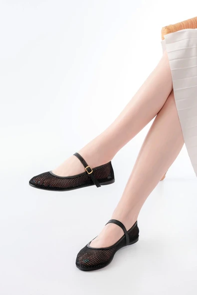 6325 Siyah Fileli Baret Toka Detaylı Günlük Kadın Babet ürün görseli 1