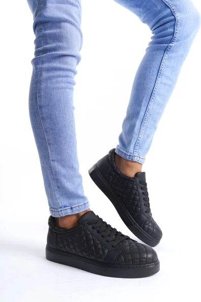 ET166 Prestige Bağcıklı Cilt Kapitone Desenli Erkek Günlük Sneaker Ayakkabı ST - Siyah ürün görseli