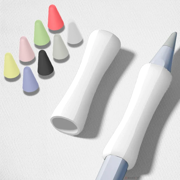 Apple Pencil 1-2 Nesil Pro USB-C Uyumlu Soft Yumuşak Silikon Kalem Tutucu ve 8'li Kalem Ucu Koruyucu  Beyaz - 2