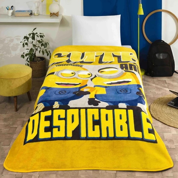 Taç Lisanslı Tek Kişilik Çocuk Battaniye (160x220)-Minions 4 Sarı