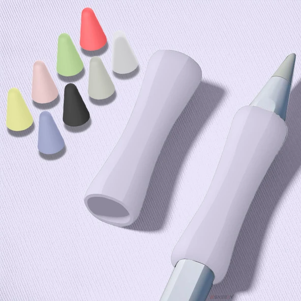 Apple Pencil 1-2 Nesil Pro USB-C Uyumlu Soft Yumuşak Silikon Kalem Tutucu ve 8'li Kalem Ucu Koruyucu  Lila - 2