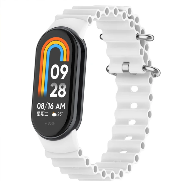 Xiaomi Mi Band 8 İle Uyumlu Dalga Desenli Metal Tokalı Yumuşak Silikon Kordon   Beyaz