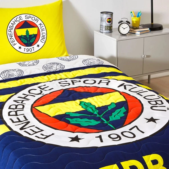 Taç Taraftar Lisanslı Pamuklu Tek Kişilik Yatak Örtüsü Seti (160x230)-Fenerbahçe Stripe - 2