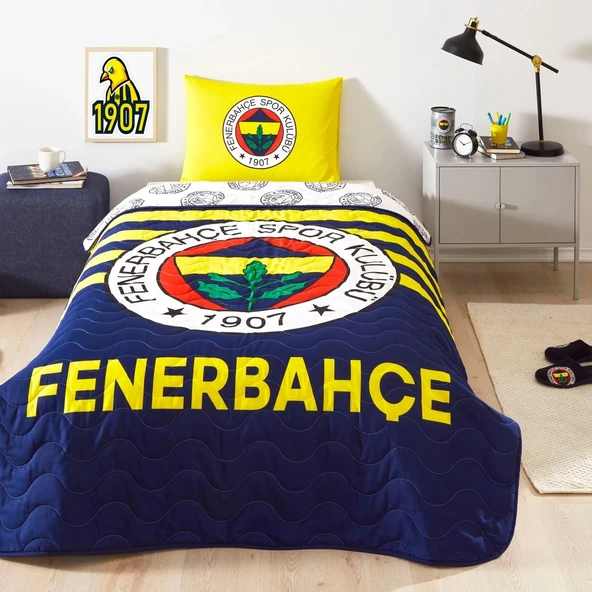 Taç Taraftar Lisanslı Pamuklu Tek Kişilik Yatak Örtüsü Seti (160x230)-Fenerbahçe Stripe