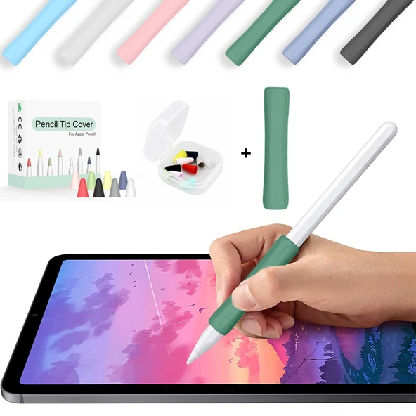 Apple Pencil 1-2 Nesil Pro USB-C Uyumlu Soft Yumuşak Silikon Kalem Tutucu ve 8'li Kalem Ucu Koruyucu  Haki