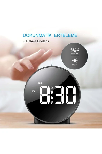 Yuvarlak Siyah Dijital LED Masa Saati USB Güç Saat Erteleme Modern Saat - 4