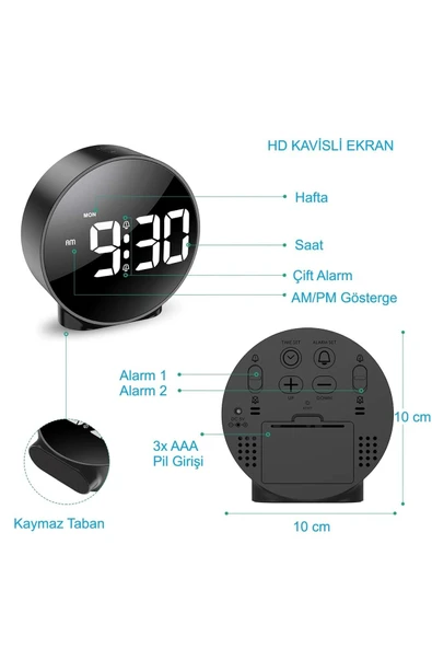 Yuvarlak Siyah Dijital LED Masa Saati USB Güç Saat Erteleme Modern Saat - 6