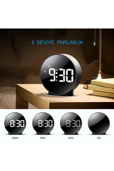 Yuvarlak Siyah Dijital LED Masa Saati USB Güç Saat Erteleme Modern Saat - 3