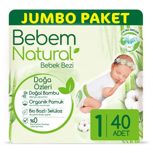 Bebem Natural Yenidoğan Bebek Bezi 1 Numara Jumbo Paket 40 Adet