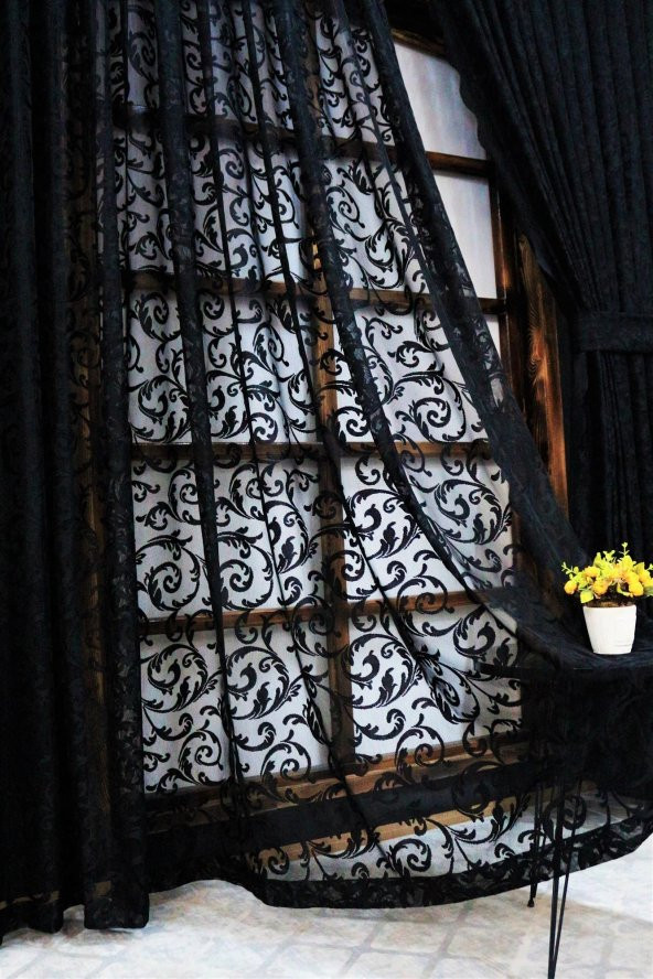 Pileli Bağlamalı Tül Fon Perde - Takım (2 Adet)  Siyah 100 x 260 cm - 2