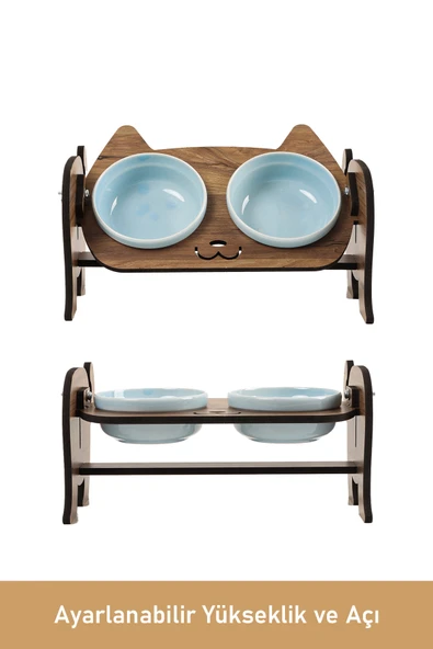 Ahşap Kedi Mama Seramik Su Kabı Standı,Kedili Mama Kabı, Hediye Kedi Halısı - 9