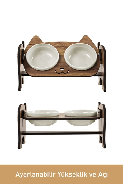 Ahşap Kedi Mama Seramik Su Kabı Standı,Kedili Mama Kabı, Hediye Kedi Halısı - 3