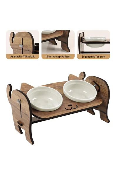 Ahşap Kedi Mama Seramik Su Kabı Standı,Kedili Mama Kabı, Hediye Kedi Halısı - 4