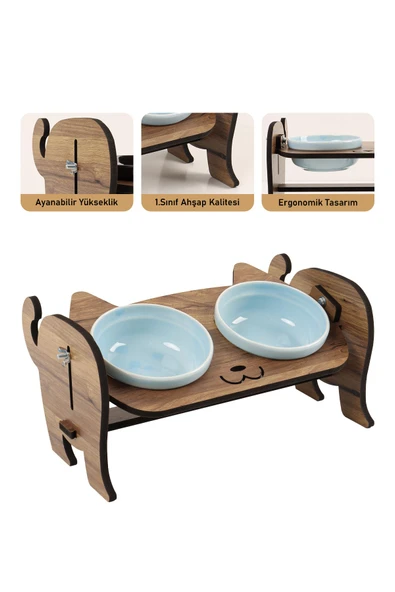 Ahşap Kedi Mama Seramik Su Kabı Standı,Kedili Mama Kabı, Hediye Kedi Halısı - 11