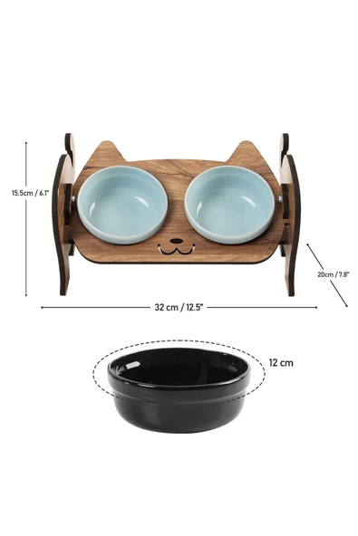 Ahşap Kedi Mama Seramik Su Kabı Standı,Kedili Mama Kabı, Hediye Kedi Halısı - 12