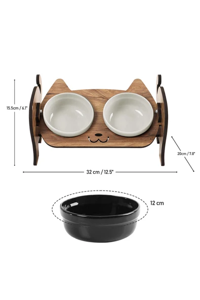 Ahşap Kedi Mama Seramik Su Kabı Standı,Kedili Mama Kabı, Hediye Kedi Halısı - 6