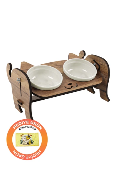 Ahşap Kedi Mama Seramik Su Kabı Standı,Kedili Mama Kabı, Hediye Kedi Halısı