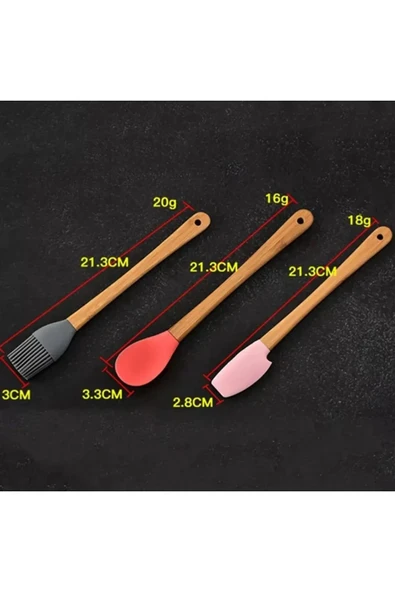5'li Renkli Ahşap Saplı Silikon Uçlu Spatula Fırçalı Kaşık Seti -Yemek Hazırlık Seti 21 Cm - 5