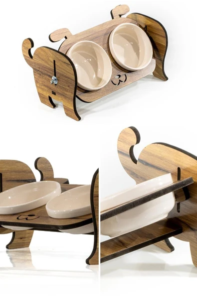 Ahşap Özel Isim Baskılı, Köpek Seramik Mama Su Kabı Standı - 4