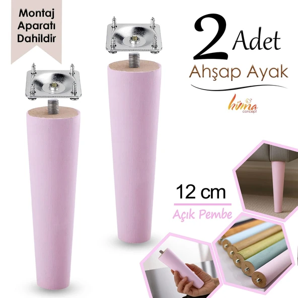 2 Adet Ahşap Ayak 12 Cm Açık Pembe M8 Civatalı Bağlantı Aparatlı Dolap Mobilya Koltuk Kanepe Destek Ayağı Ayakları ürün görseli