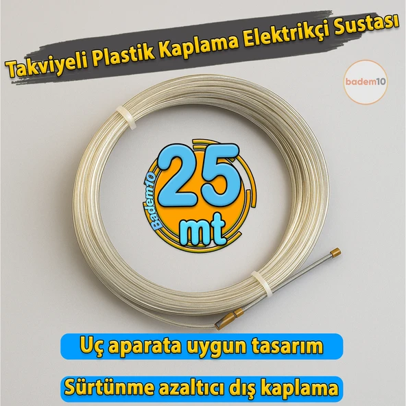 25 Metre Elektrikçi Sustası Plastik Kaplama Spiral Kablo Çekme Teli Kılavuz Tel Tesisat Usta Tip Yay