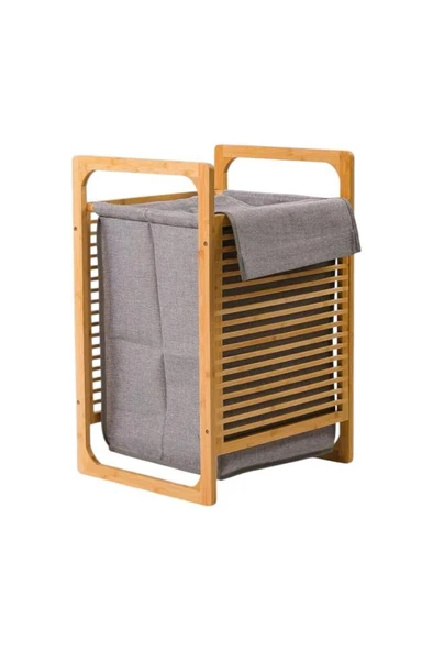 Doğal Bambu Kirli Çamaşır Sepeti – Çıkarılabilir Kumaş Torbalı 61x40x35 cm T35 - 2