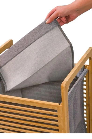 Doğal Bambu Kirli Çamaşır Sepeti – Çıkarılabilir Kumaş Torbalı 61x40x35 cm T35 - 3