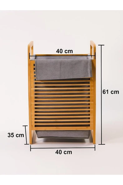 Doğal Bambu Kirli Çamaşır Sepeti – Çıkarılabilir Kumaş Torbalı 61x40x35 cm T35 - 4