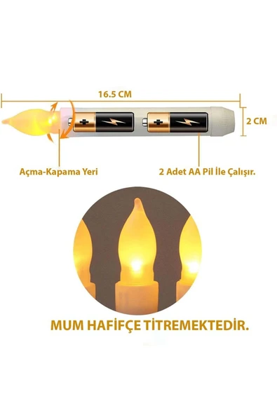 Plentiful Titreyen Dekoratif Led Alevsiz Mum 12 Adet Dumansız Konik Şekilli Uzaktan Kumandalı - 6