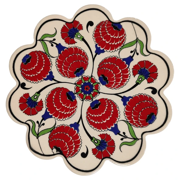 Çini Desenli Çiçekler Seramik Nihale 18 Cm Koruyucu Kaydırmaz Altlik Model 3