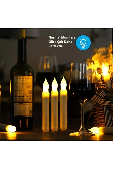 Plentiful Titreyen Dekoratif Led Alevsiz Mum 12 Adet Dumansız Konik Şekilli Uzaktan Kumandalı - 4