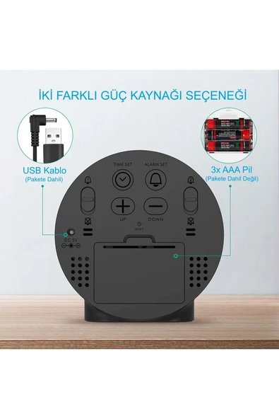 Plentiful Yuvarlak Siyah Dijital LED Masa Saati USB Güç Saat Erteleme Modern Saat - 7