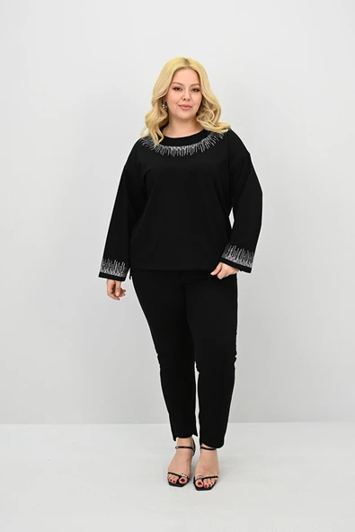 Kadın Büyük Beden Taş Baskı Detaylı Yüksek Bel Eşofman Takımı 8175-25 - 4