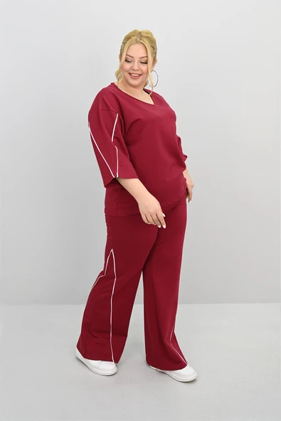 Kadın Büyük Beden Kısa Kollu V Yaka Ara Biye Detaylı Eşofman Takımı 8181-25 - 10