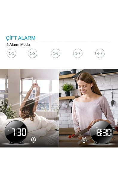 Plentiful Yuvarlak Siyah Dijital LED Masa Saati USB Güç Saat Erteleme Modern Saat - 5