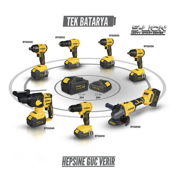 RTS5050 Şarjlı Avuç Taşlama Makinası Kömürsüz 125mm 8.500 Rpm 2x4 Ah 20V Çift Akü S-Lion - Akü Dahil - 5