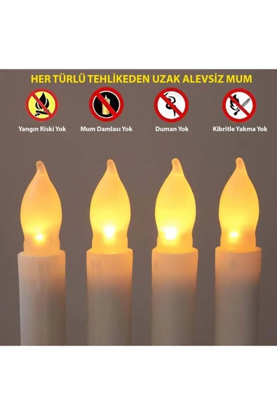 Plentiful Titreyen Dekoratif Led Alevsiz Mum 12 Adet Dumansız Konik Şekilli Uzaktan Kumandalı - 3