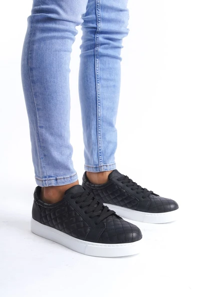 ET166 Prestige Bağcıklı Cilt Kapitone Desenli Erkek Günlük Sneaker Ayakkabı BT - Siyah ürün görseli