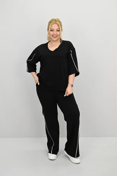 Kadın Büyük Beden Kısa Kollu V Yaka Ara Biye Detaylı Eşofman Takımı 8181-25