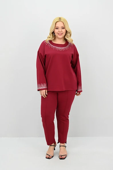 Kadın Büyük Beden Taş Baskı Detaylı Yüksek Bel Eşofman Takımı 8175-25 - 10