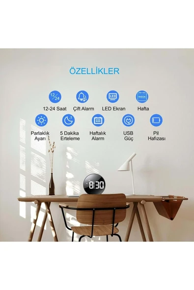 Plentiful Yuvarlak Siyah Dijital LED Masa Saati USB Güç Saat Erteleme Modern Saat - 2