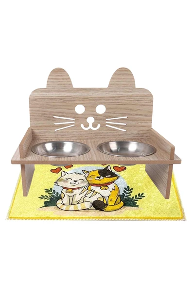 Ahşap Kulaklı Kedi Mama Su Kabı Standı, Kedi Mama Kabı, Kedi Paspası - 2