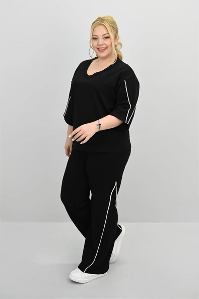 Kadın Büyük Beden Kısa Kollu V Yaka Ara Biye Detaylı Eşofman Takımı 8181-25 - 5