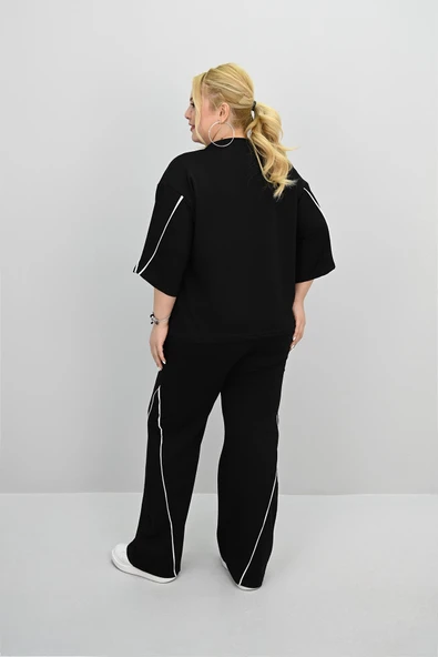 Kadın Büyük Beden Kısa Kollu V Yaka Ara Biye Detaylı Eşofman Takımı 8181-25 - 6