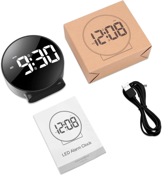 Plentiful Yuvarlak Siyah Dijital LED Masa Saati USB Güç Saat Erteleme Modern Saat - 9