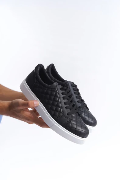 ET166 Prestige Bağcıklı Cilt Kapitone Desenli Erkek Günlük Sneaker Ayakkabı BT - Siyah - Resim 4