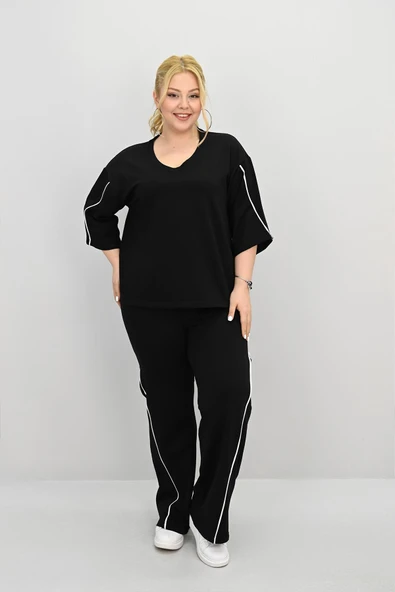 Kadın Büyük Beden Kısa Kollu V Yaka Ara Biye Detaylı Eşofman Takımı 8181-25 - 2