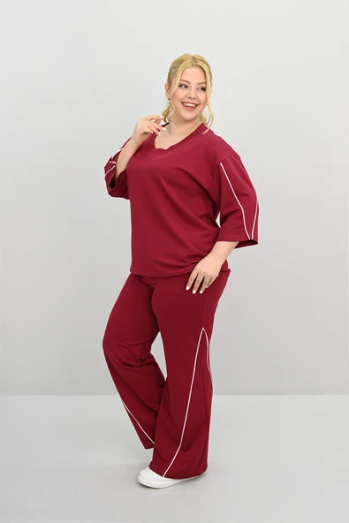 Kadın Büyük Beden Kısa Kollu V Yaka Ara Biye Detaylı Eşofman Takımı 8181-25 - 11