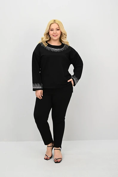 Kadın Büyük Beden Taş Baskı Detaylı Yüksek Bel Eşofman Takımı 8175-25 - 2