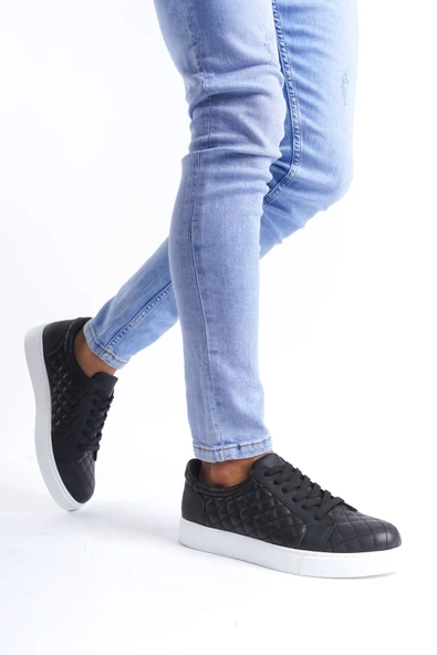 ET166 Prestige Bağcıklı Cilt Kapitone Desenli Erkek Günlük Sneaker Ayakkabı BT - Siyah - Resim 3